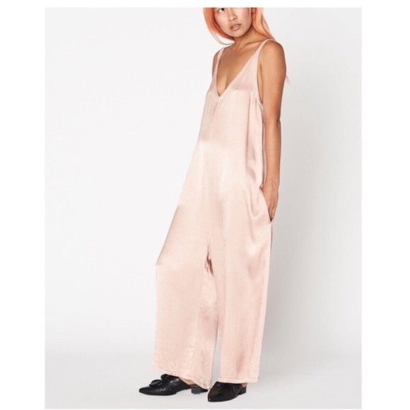 Anthropologie Pants - Anthropologie Lacusa Santi Jumpsuit Pockets V-Neck Wide Leg Satin Pink L